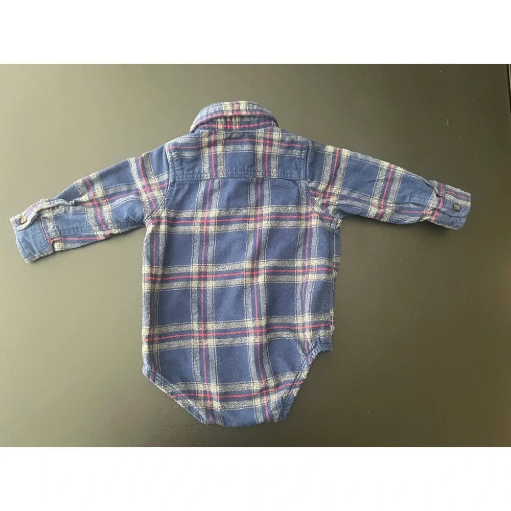 OshKosh Bgosh Baby Blue Plaid Flannel Button Front Bodysuit 18M (1050)